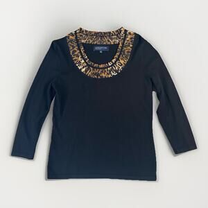 Women’s Small Jones New York Signature Animal Print Black Top 3/4 Sleeve Glam